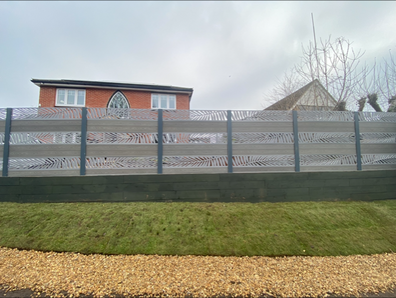 Low maintenance composite decorative fence panel, with painted fence posts