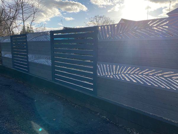 Low maintenance composite decorative fence panel, with painted fence posts
